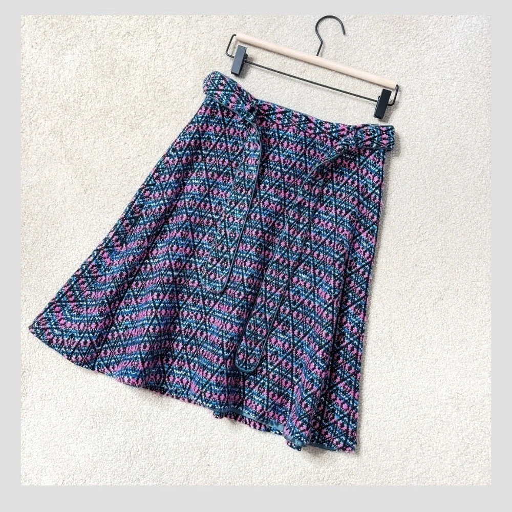 Matthew Williamson A- Line Skirt Detachable Belt Textured Fabric Pink Blue Print